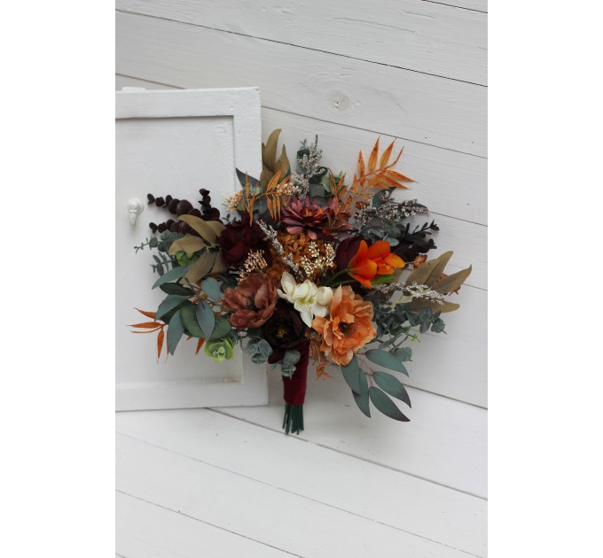 Wedding Bouquets in Burgundy & Burnt Orange | Cascading Bridal & Bridesmaid Faux Bouquets