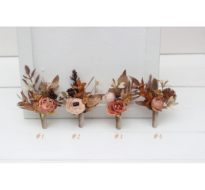 Wedding Boutonnieres & Wrist Corsage in Cinnamon, Terracotta & Beige | Faux Flower Accessories