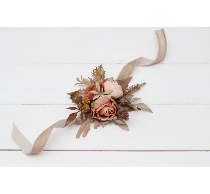 Wedding Boutonnieres & Wrist Corsage in Cinnamon, Terracotta & Beige | Faux Flower Accessories