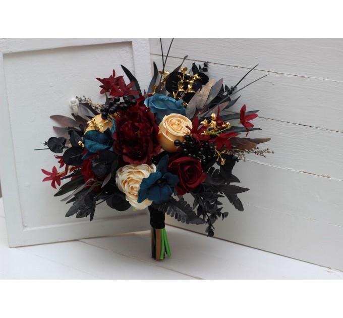 Wedding bouquets in dark teal burgundy black cream colors. Bridal bouquet. Cascading bouquet. Faux bouquet. Bridesmaid bouquet. 5136