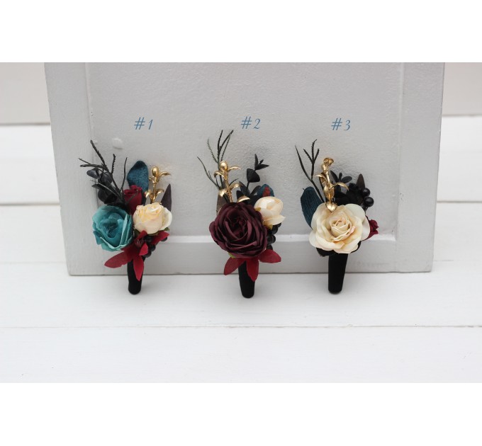 Wedding Boutonnieres & Wrist Corsage in Dark Teal, Burgundy, Black & Cream | Faux Flower Accessories
