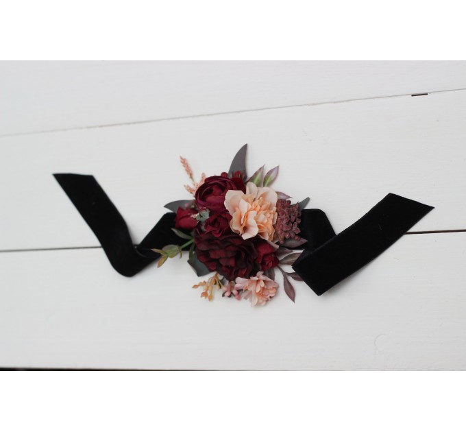 Wedding Boutonniere & Wrist Corsage in Purple, Burgundy, Beige & Black | Faux Flower Accessories