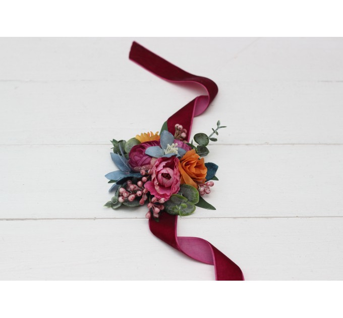 Wedding Boutonnieres & Wrist Corsage in Orange, Magenta & Teal | Faux Flower Accessories