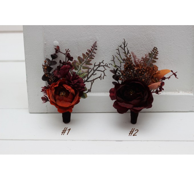 Wedding Boutonnieres & Wrist Corsage in Rust, Burgundy & Cinnamon | Faux Flower Accessories