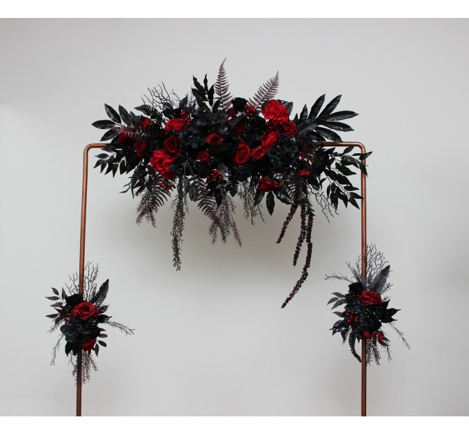 Flower Arch Arrangement in Black & Red | Faux Floral Archway for Halloween Wedding