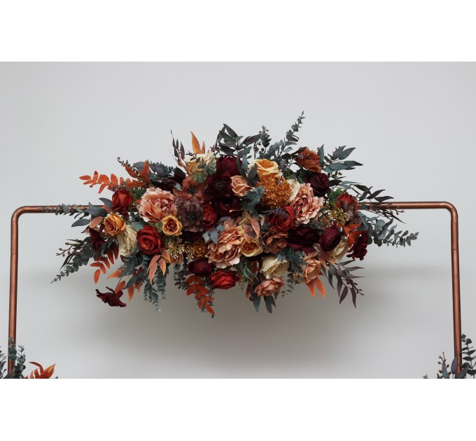 Flower Arch Arrangement in Burgundy, Burnt Orange, Rust & Peach | Faux Floral Archway for Wedding