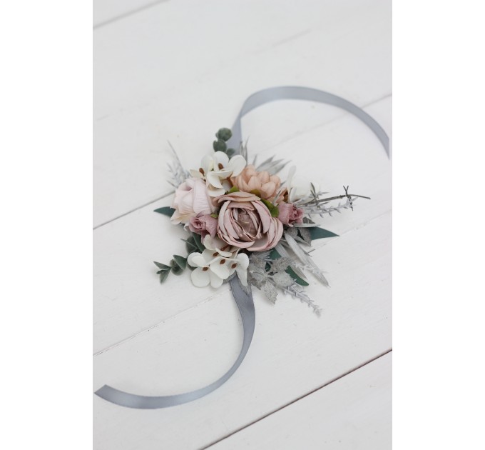 Wedding Boutonnieres & Wrist Corsage in Beige, White & Gray | Faux Flower Accessories
