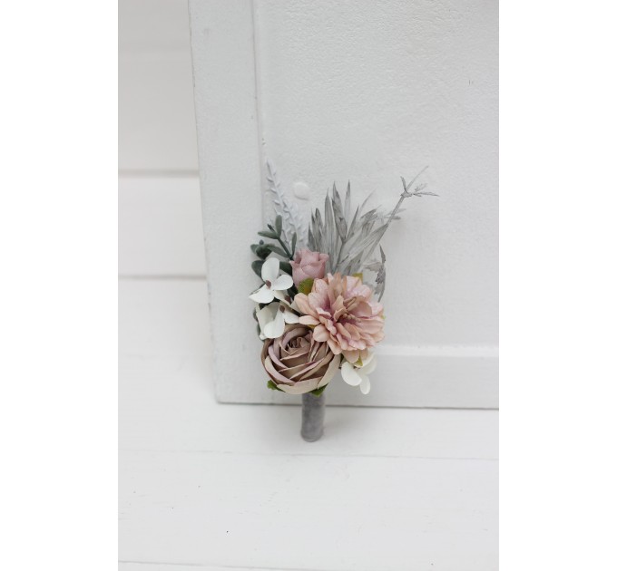 Wedding Boutonnieres & Wrist Corsage in Beige, White & Gray | Faux Flower Accessories