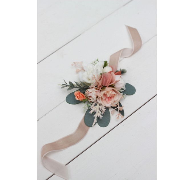 Wedding Boutonnieres & Wrist Corsage in Blush Pink, White & Peach | Faux Flower Accessories