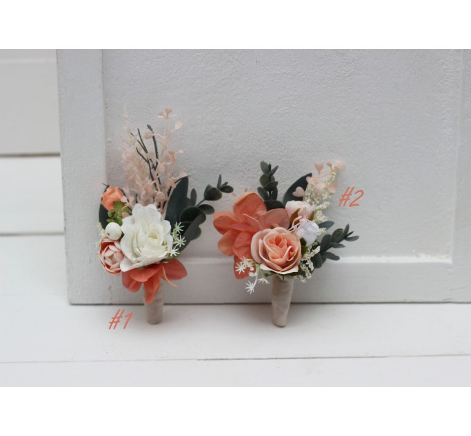 Wedding Boutonnieres & Wrist Corsage in Blush Pink, White & Peach | Faux Flower Accessories