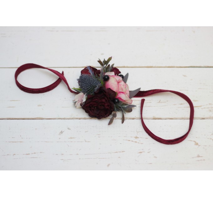  Wedding boutonnieres and wrist corsage  in burgundy black pink color scheme. Flower accessories. 5020