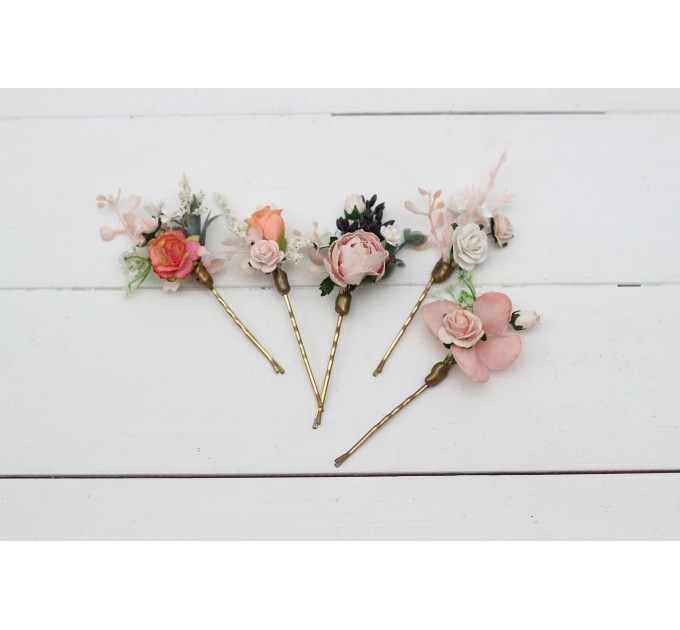 Set of hair pins in blush pink white peach color scheme. Hair accessories. Flower accessories for wedding. 5035