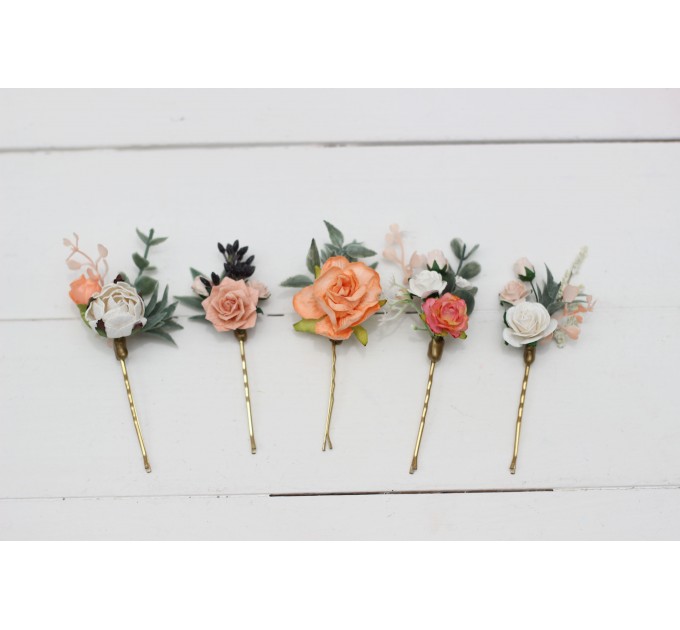 Set of hair pins in blush pink white peach color scheme. Hair accessories. Flower accessories for wedding. 5035