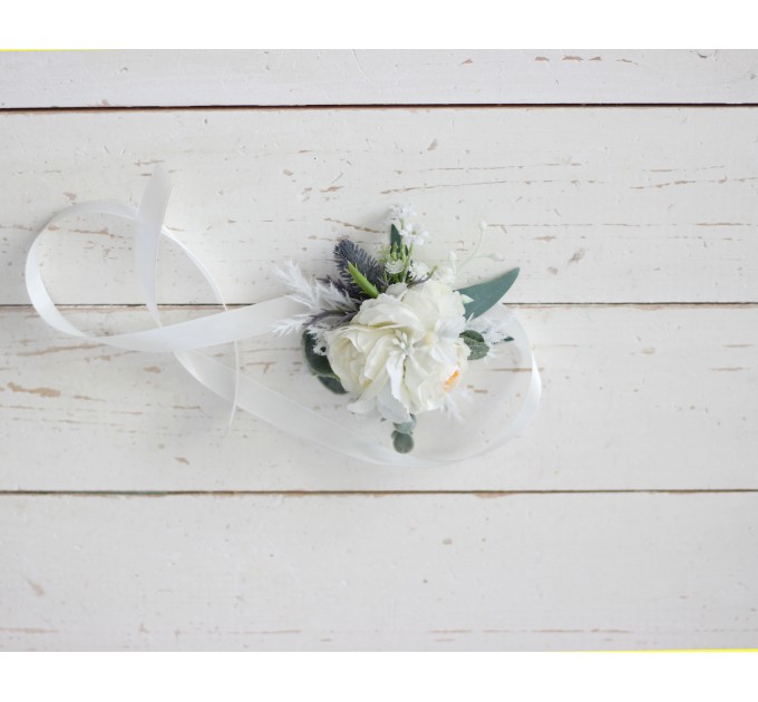 Wedding Boutonnieres & Wrist Corsage in White | Faux Flower Accessories