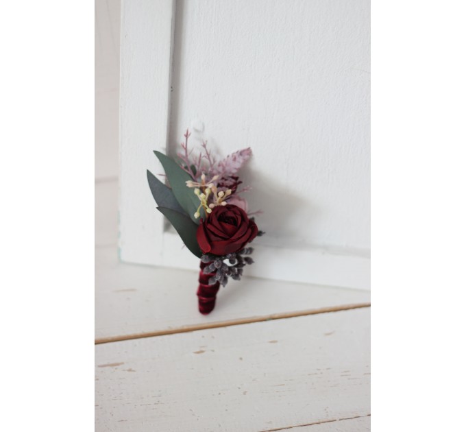Wedding Boutonnieres & Wrist Corsage in Burgundy & Dusty Pink | Faux Flower Accessories