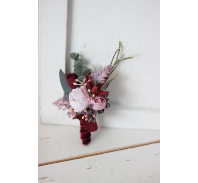 Wedding Boutonnieres & Wrist Corsage in Burgundy & Dusty Pink | Faux Flower Accessories