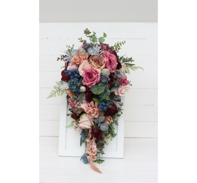 Wedding Bouquets in Burgundy, Dusty Rose & Blue | Cascading Faux Bridal & Bridesmaid Bouquets