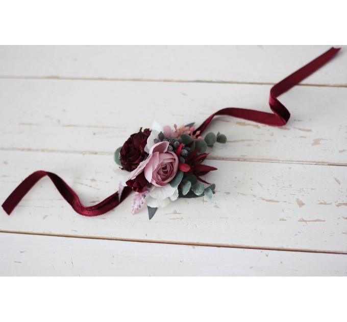 Wedding Boutonnieres & Wrist Corsage in Burgundy & Dusty Pink | Faux Flower Accessories