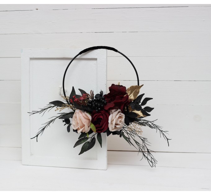 Flower hoop in Halloween colors. Alternative bridesmaid bouquet. Burgundy black gold beige wedding. 0018