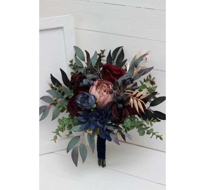 Wedding Bouquets in Burgundy, Navy Blue, Dusty Rose & Gold | Faux Bridal & Bridesmaid Bouquets