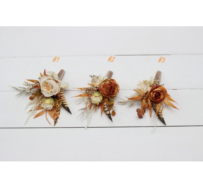 Wedding Boutonnieres & Wrist Corsage in Rust & Ivory | Faux Flower Accessories