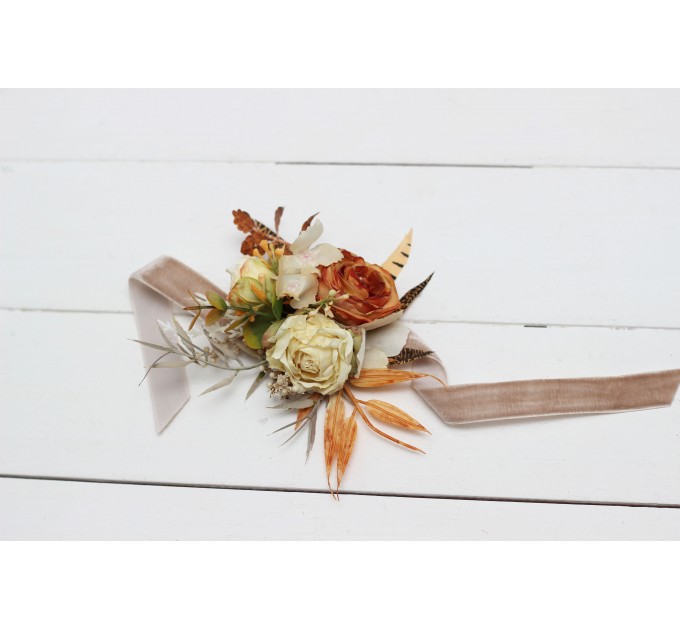 Wedding Boutonnieres & Wrist Corsage in Rust & Ivory | Faux Flower Accessories