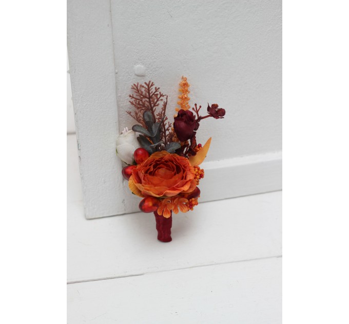 Wedding Boutonniere & Wrist Corsage in Burgundy, Rust & Ivory | Faux Flower Accessories