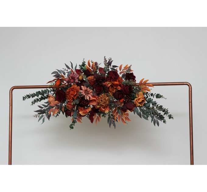 Flower Arch Arrangement in Rust, Burgundy, Cinnamon & Orange | Faux Floral Archway for Wedding