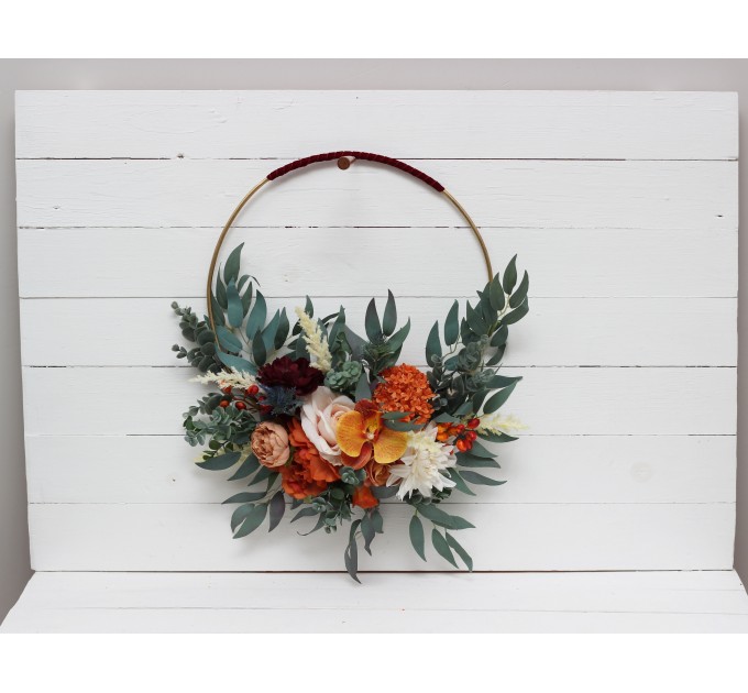 Rust orange burgundy color theme.Orchid dahlia floral hoop. Alternative bridesmaid bouquet. Boho wedding. Floral backdrop. 0035
