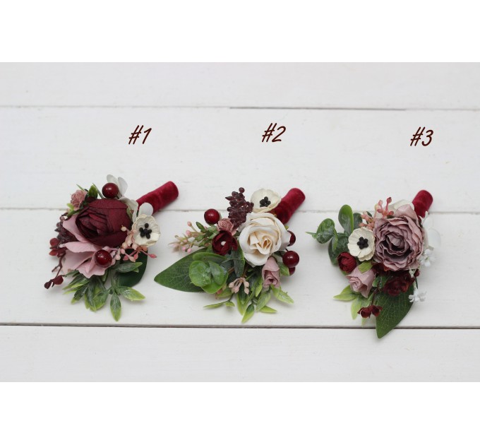 Wedding Boutonnieres & Wrist Corsage in Burgundy, Dusty Rose & Cream | Faux Flower Accessories