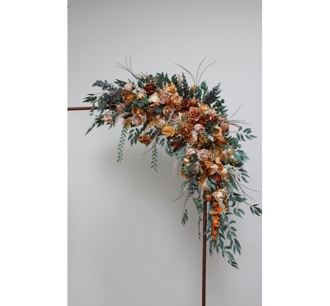 Flower arch arrangement in orange rust peach colors.  Arbor flowers. Floral archway. Faux flowers for wedding arch. 0001