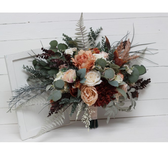Wedding bouquets in beige terracotta white blush pink colors. Bridal bouquet. Cascading bouquet. Faux bouquet. Bridesmaid bouquet. 0027