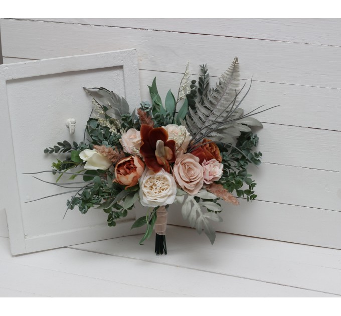 Wedding bouquets in beige terracotta white blush pink colors. Bridal bouquet. Cascading bouquet. Faux bouquet. Bridesmaid bouquet. 0027