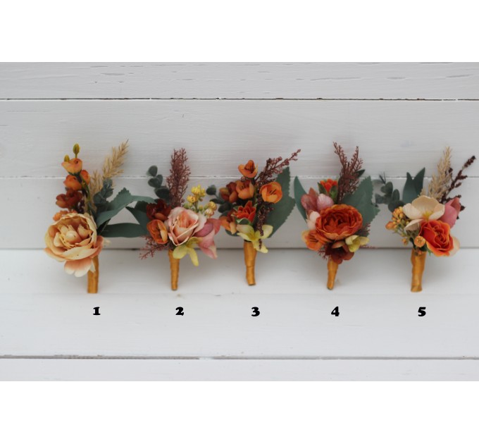Wedding Boutonnieres & Wrist Corsage in Orange, Rust & Peach | Faux Flower Accessories