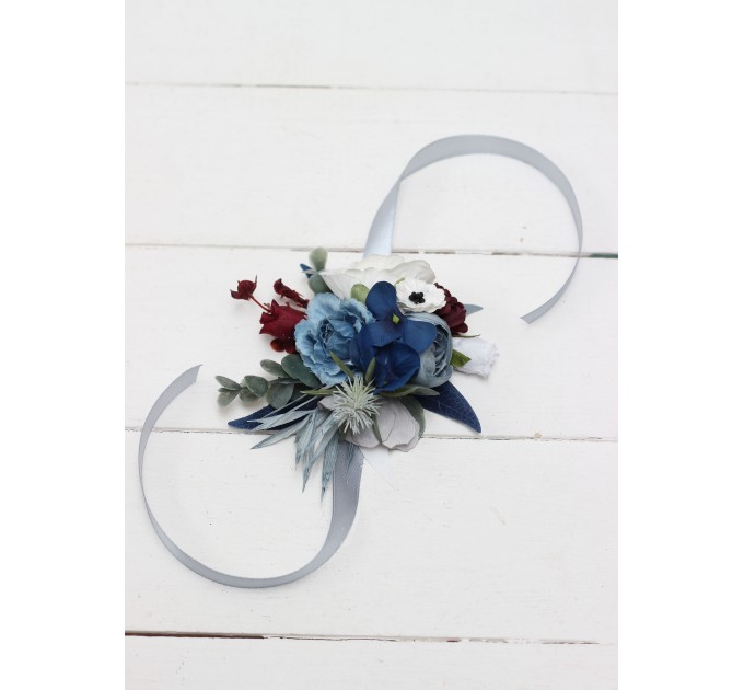  Wedding boutonnieres and wrist corsage  in dusty blue navy blue burgundy white color scheme. Flower accessories. 5063