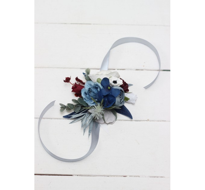 Wedding Boutonnieres & Wrist Corsage in Dusty Blue, Navy Blue, Burgundy & White | Faux Flower Accessories