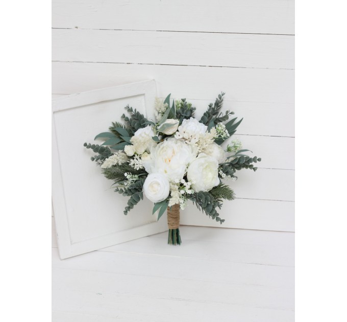 Wedding Bouquets in White | Cascading Bridal & Bridesmaid Faux Bouquets with Roses & Peonies