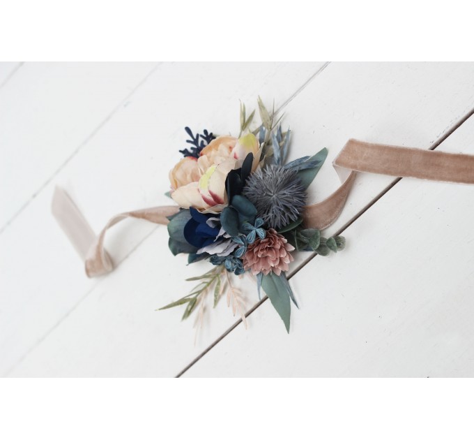 Wedding Boutonnieres & Wrist Corsage in Dusty Blue & Beige | Faux Flower Accessories
