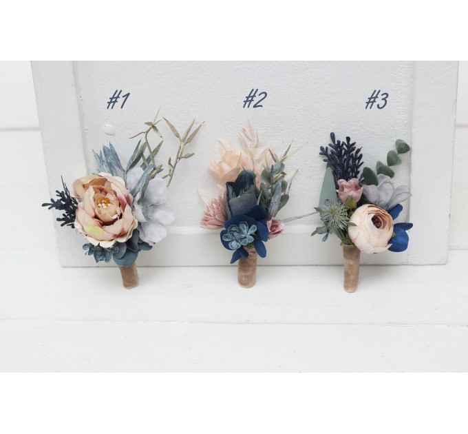 Wedding Boutonnieres & Wrist Corsage in Dusty Blue & Beige | Faux Flower Accessories