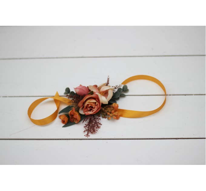 Wedding Boutonnieres & Wrist Corsage in Orange, Rust & Peach | Faux Flower Accessories
