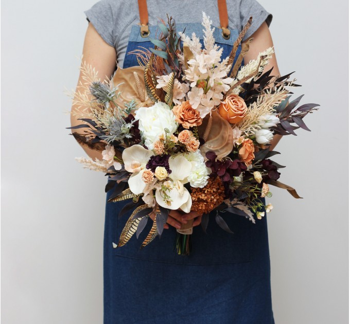 Wedding Bouquets in Deep Purple, Terracotta & Beige | Faux Bridal & Bridesmaid Bouquets