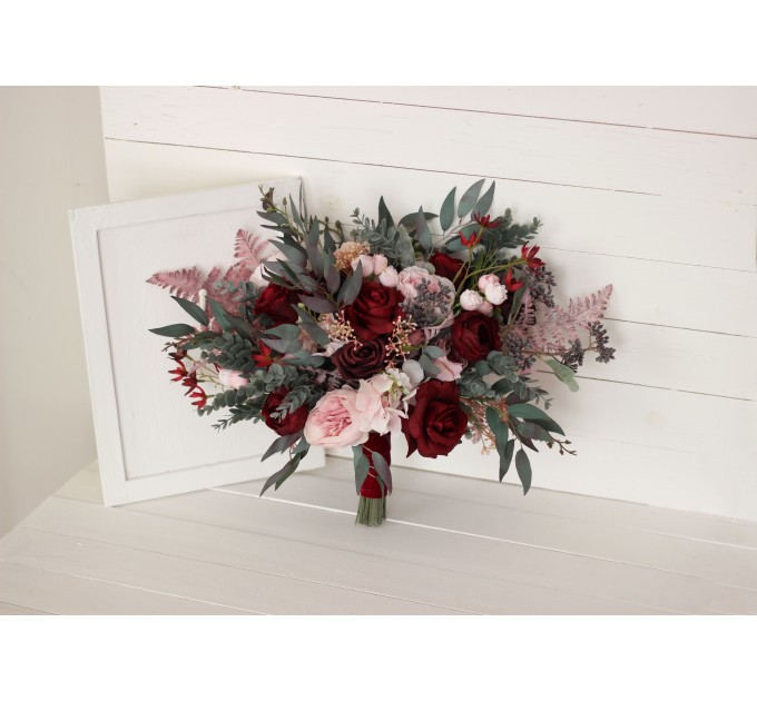 Wedding bouquets in burgundy dusty pink colors. Bridal bouquet. Cascading bouquet. Faux bouquet. Bridesmaid bouquet. 5019