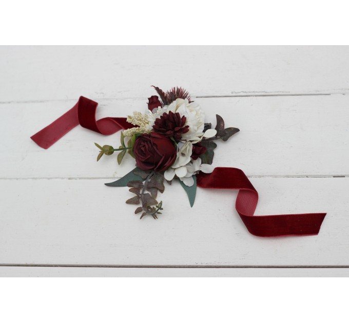 Wedding Boutonnieres & Wrist Corsage in Burgundy & Ivory | Faux Flower Accessories