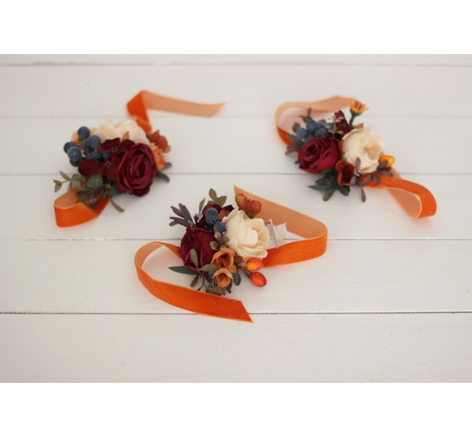Wedding Boutonnieres & Wrist Corsage in Rust, Burgundy & Ivory | Faux Flower Accessories