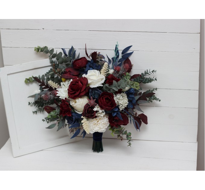 Wedding Bouquets in Burgundy, Ivory & Navy Blue | Cascading Bridal & Bridesmaid Faux Bouquets