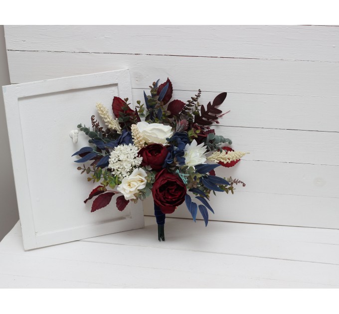 Wedding Bouquets in Burgundy, Ivory & Navy Blue | Cascading Bridal & Bridesmaid Faux Bouquets