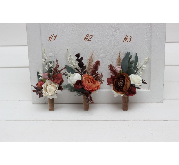  Wedding boutonnieres and wrist corsage  in beige terracotta white blush pink color theme. Flower accessories. 0027