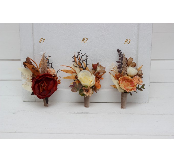 Wedding Boutonnieres & Wrist Corsage in Orange, Ivory, Rust & Terracotta | Faux Flower Accessories