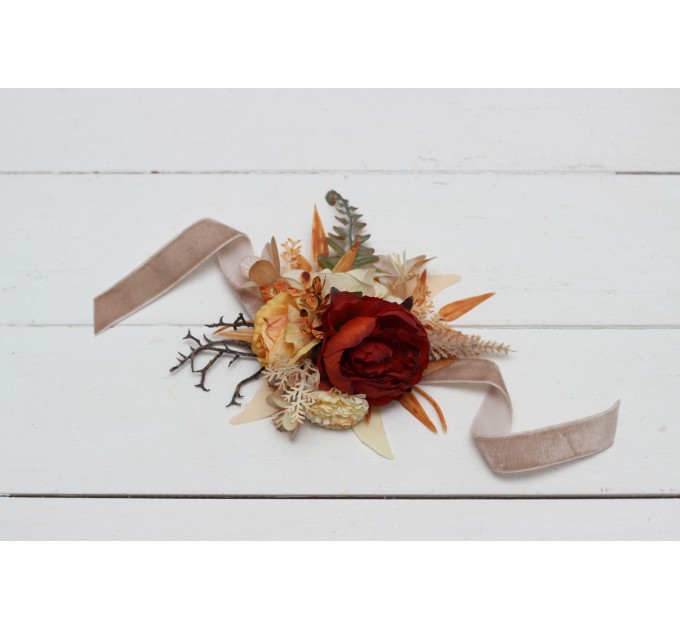 Wedding Boutonnieres & Wrist Corsage in Orange, Ivory, Rust & Terracotta | Faux Flower Accessories
