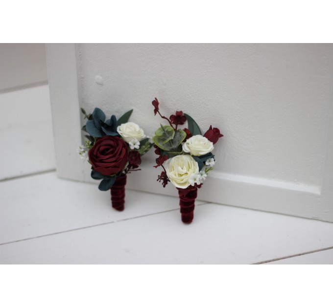 Wedding Boutonniere & Wrist Corsage in Burgundy, Navy Blue & White | Faux Flower Accessories